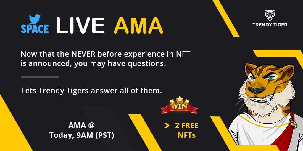 Trendy_Tigers's tweet photo. Catch us LIVE on Twitter Space!🐥
Know the future of Trendy Tigers, ask questions, and also win NFTs. The two most active participants get 100% FREE NFTs💥🏆

Join on Twitter Space
⏱️Monday, 9:00 am Pacific Time (PST)

#NFTs #NFTLaunch #NFTTalk #NFTCommunity #NFT https://t.co/KVMb2pq77R