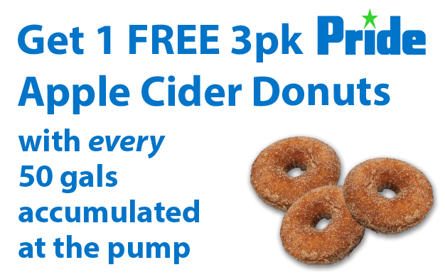 Our Apple Cider Donuts are the best around!
Every 50 gallons accumulated with Pridestar debit earns you a freebie.  Check your coupons tab in the app to redeem!
Not a Pridestar debit member? 
Sign up here and save 10¢ per gallon: pridestores.com