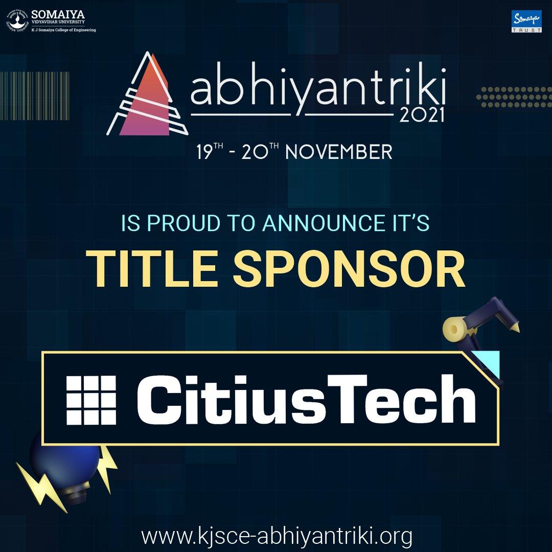 kjsabhiyantriki's tweet photo. We present to you the Title Sponsors for #Abhiyantriki2021, @CitiusTech, which specializes in providing healthcare technology and consulting in business solutions to some of the world's largest healthcare organisations. We thank them for splendid support for the fest of #KJSCE! https://t.co/shPmzwMMsG