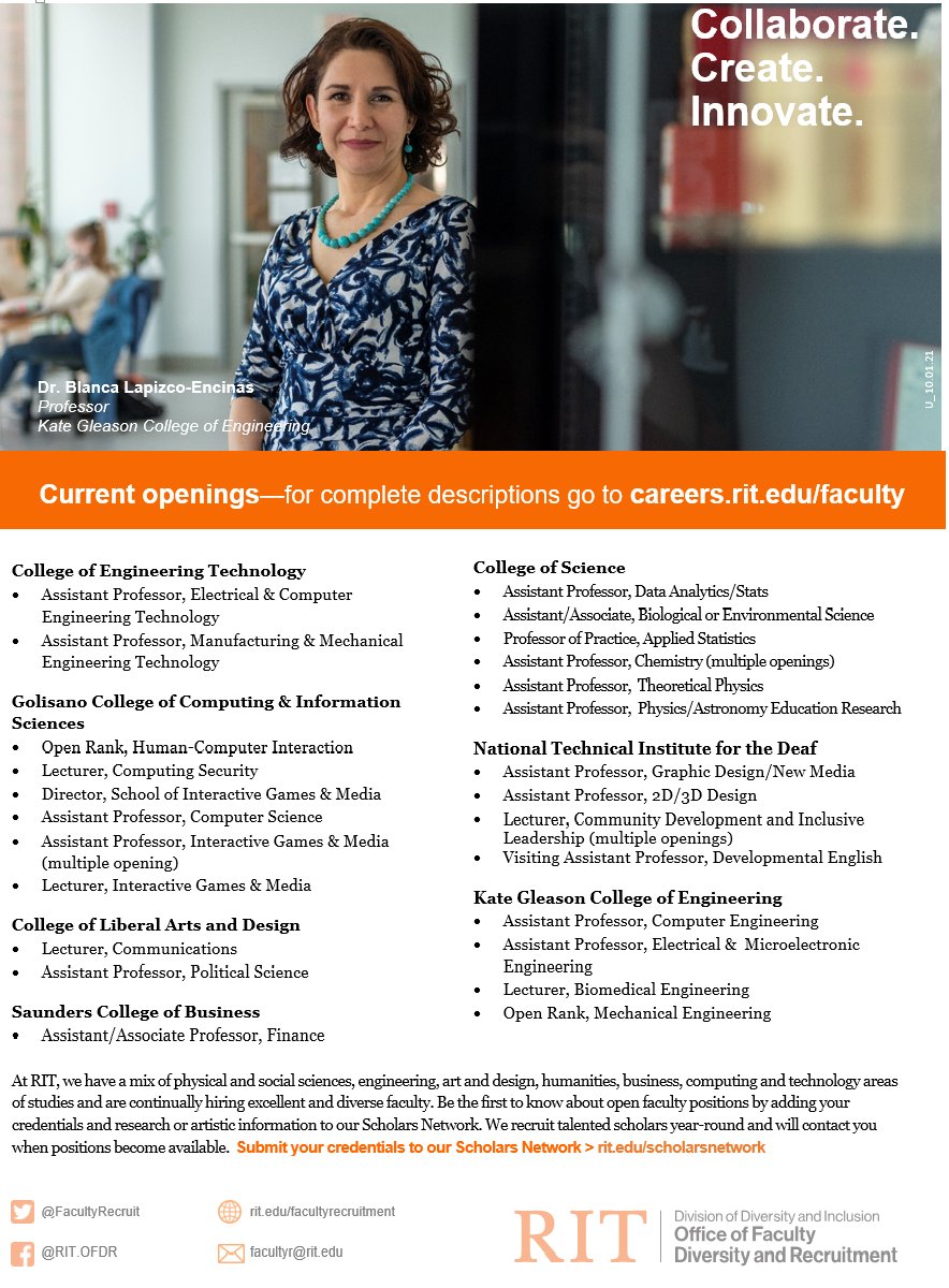 FacultyRecruit's tweet photo. 🛑Stop and take a look 👀
@RITtigers is currently looking to fill 20+ faculty positions in a number of disciplines. Check out https://t.co/uQWb8pkR9D for a full listing of open positions.  

#phdchat #AcademicChatter #AcademicTwitter #BlackinSTEM #WomenInSTEM #LatinxinSTEM https://t.co/c50TmL9Cro