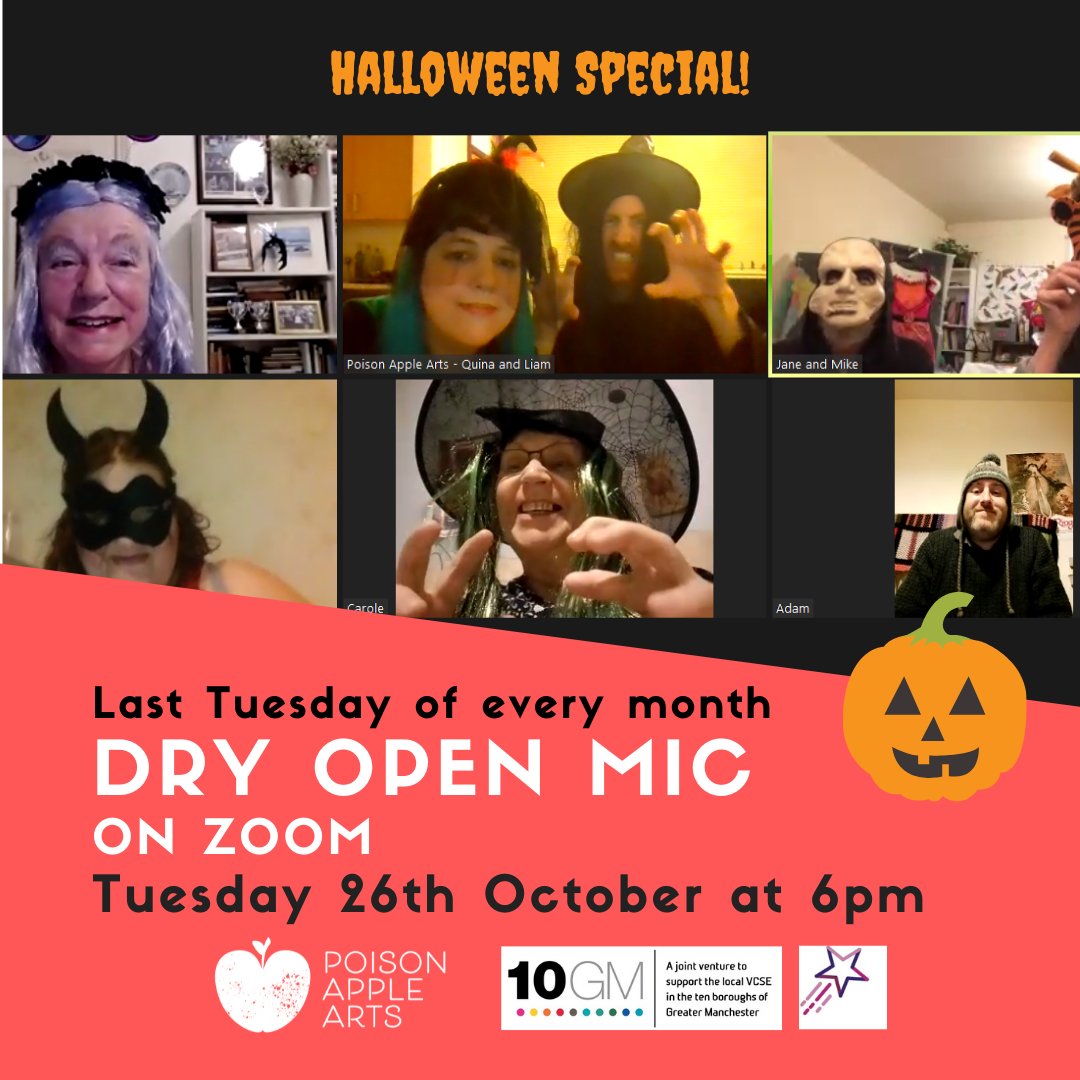 PoisonAppleArts's tweet photo. It's almost time for our spooky themed Dry Open Mic. 

Taking place on Zoom tomorrow at 6pm - get in touch for Zoom codes if you aren't already on our mailing list... audience members and performers both welcome! #halloween #artsforwellbeing

Funded by @AchievebstG @SalfordCVS https://t.co/41OeWwBOO5
