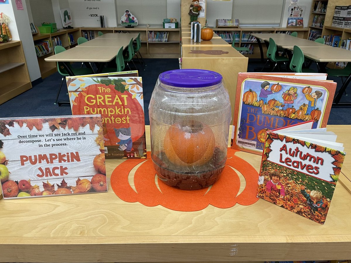SchertzESLib's tweet photo. We’re falling for autumn and aren’t ‘leafing’ anything out in the library.  Our Panthers are learning about the plant cycle with our own Jack the Pumpkin!  We hope to have a pumpkin vine in the spring. 🍁🍂 https://t.co/bNo77A5wxa