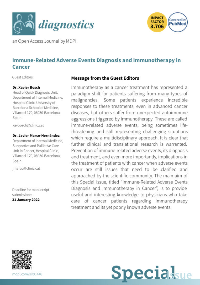 REMINDER - Special Issue “Immune-Related Adverse Events Diagnosis and Immunotherapy in Cancer” in “Diagnostics” Journal. Be welcome to send your current work in the field.