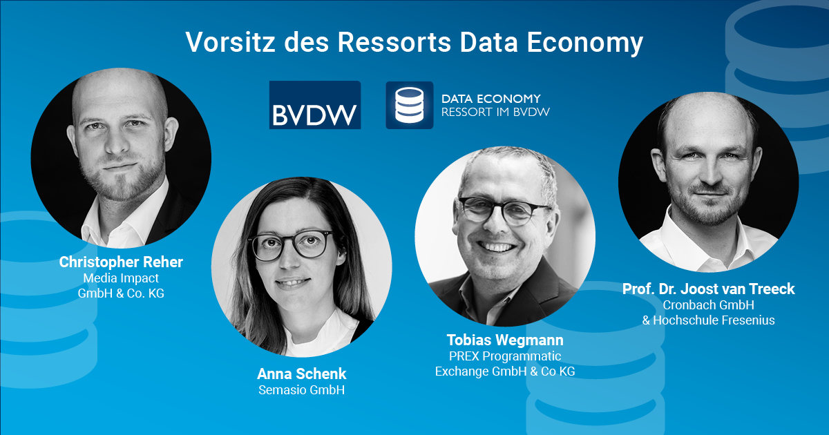 Christopher Reher (<a href="/mediaimpactde/">Media Impact</a>) bleibt weiterhin Vorsitzender des BVDW-Ressorts Data Economy, genauso wie Anna Schenk (@SemasioGlobal) &amp; Tobias Wegmann (PREX) stellvertretende Vorsitzende.
Joost van Treeck (Cronbach) ist als stv. Vorsitzender neu dabei: bit.ly/3CctUIl