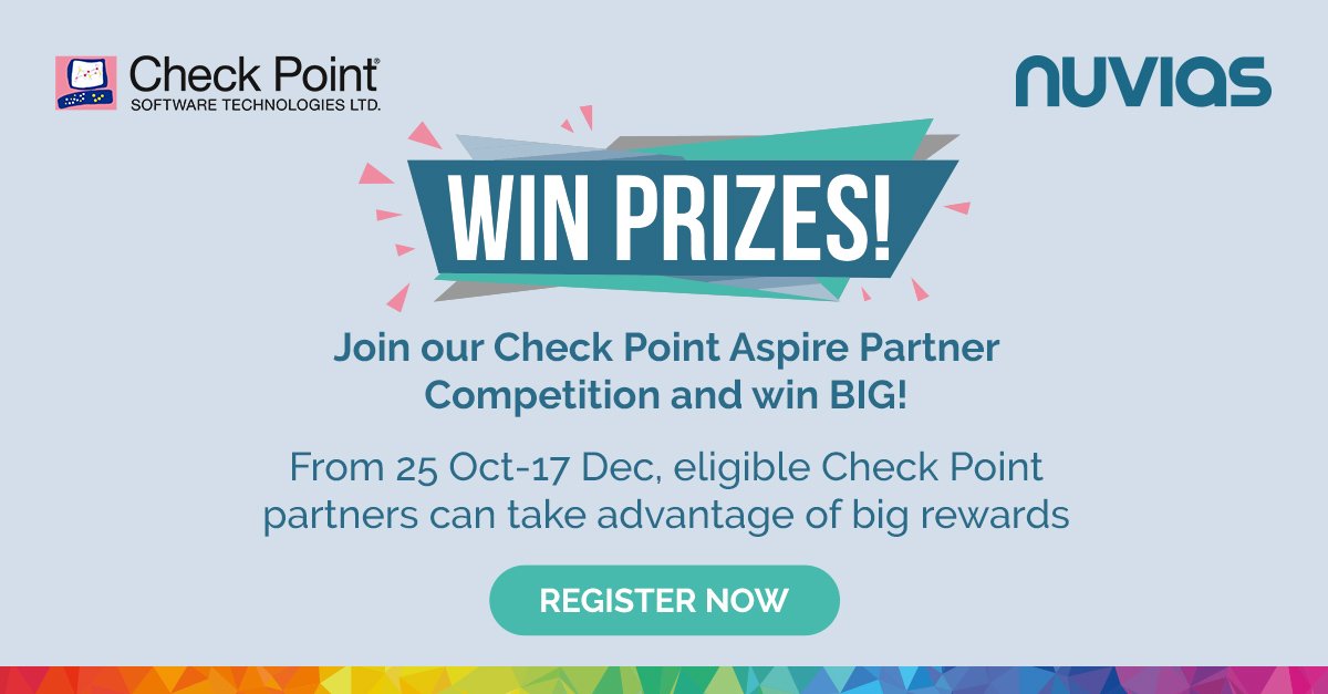 nuviasCS's tweet photo. Eligible Check Point partners can win BIG with the new Check Point Aspire Partner Competition. Receive points for activities that you're already doing, such as completing accreditations, for deal reg's and undertaking customer meetings &amp; demos. https://t.co/TvboMX5lnE https://t.co/G9PjG0b8Dg
