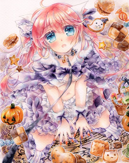 #去年の今頃描いてたイラスト
Helloween にゃんこ🎃
👻----------🍬
#コピック #カラーインク 
ランプライト水彩紙 