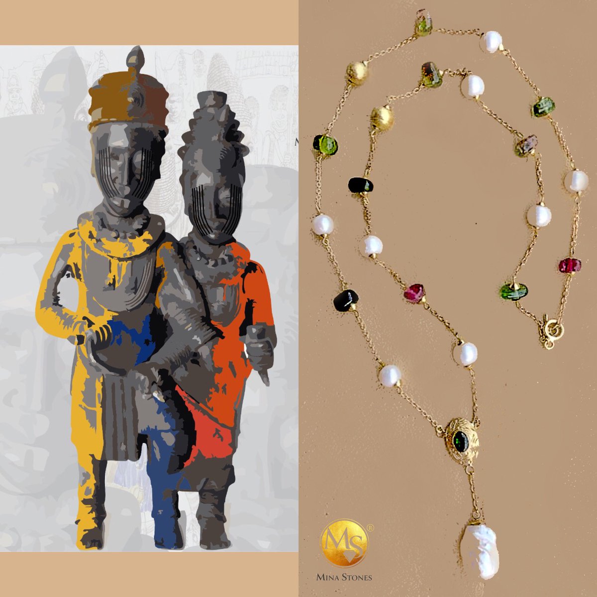 MinaStones's tweet photo. Multi-Gemstone Necklace featuring #OctoberBirthstone - Ilé-Ifẹ̀ Tourmalines + Freshwater Pearls &amp; #Handpatterned #Scarification accent in 18K Gold #JewelryInspiration - Ilé-Ifẹ̀ kingdom, rumored origin of humanity #IleIfe #JewelryWithAStory #AfricanJewel #RoyalJewel #MinaStones https://t.co/GwFRPwkbnV