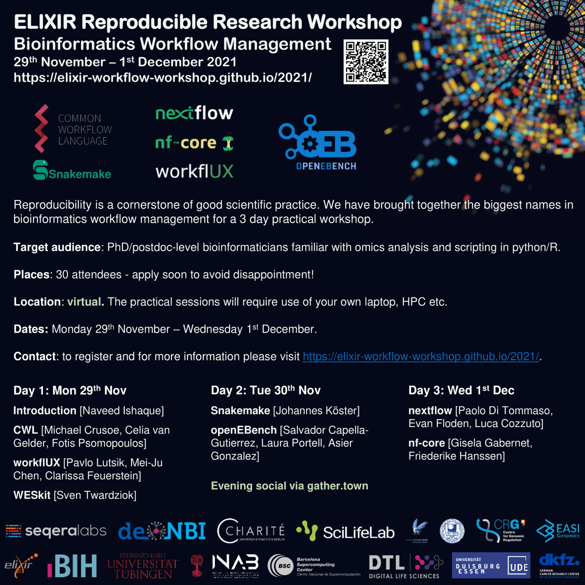 <a href="/denbiOffice/">de.NBI / ELIXIR-DE</a> and <a href="/ELIXIREurope/">ELIXIR Europe</a> will offer a Scientific #Bioinformatics #Workflow Management Workshop (29.11 - 1.12) including <a href="/commonwl/">Common Workflow Language project</a>, <a href="/nextflowio/">Nextflow</a>, #snakemake and many more. For more information see: denbi.de/training/1315-…
