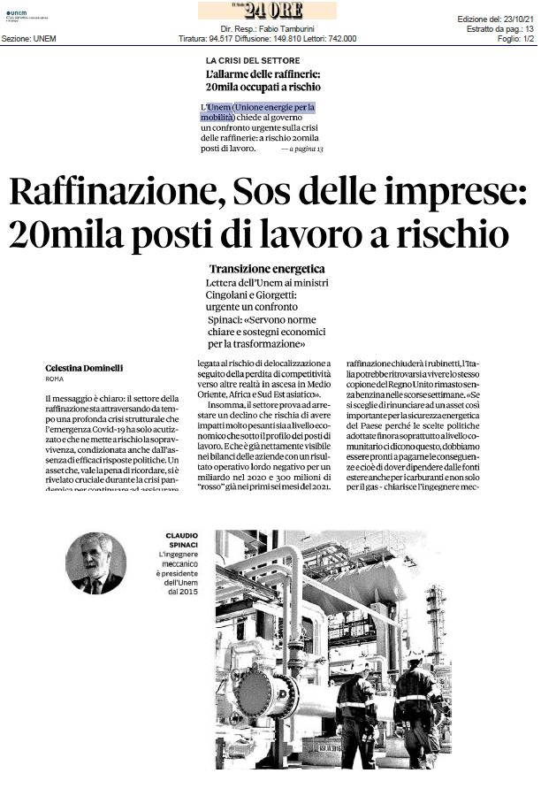 #DiconoDiNoi #TransizioneEnergetica #Raffinazione, SOS delle imprese. Una lettera al #Governo per chiedere l'avvio urgente di un confronto. Il Presidente Spinaci ne parla nell'intervista di <a href="/celenostalgia/">Celestina Dominelli</a> al <a href="/sole24ore/">IlSole24ORE</a>. Leggi l'intervista completa su ➡️ unem.it/dicono-di-noi/
