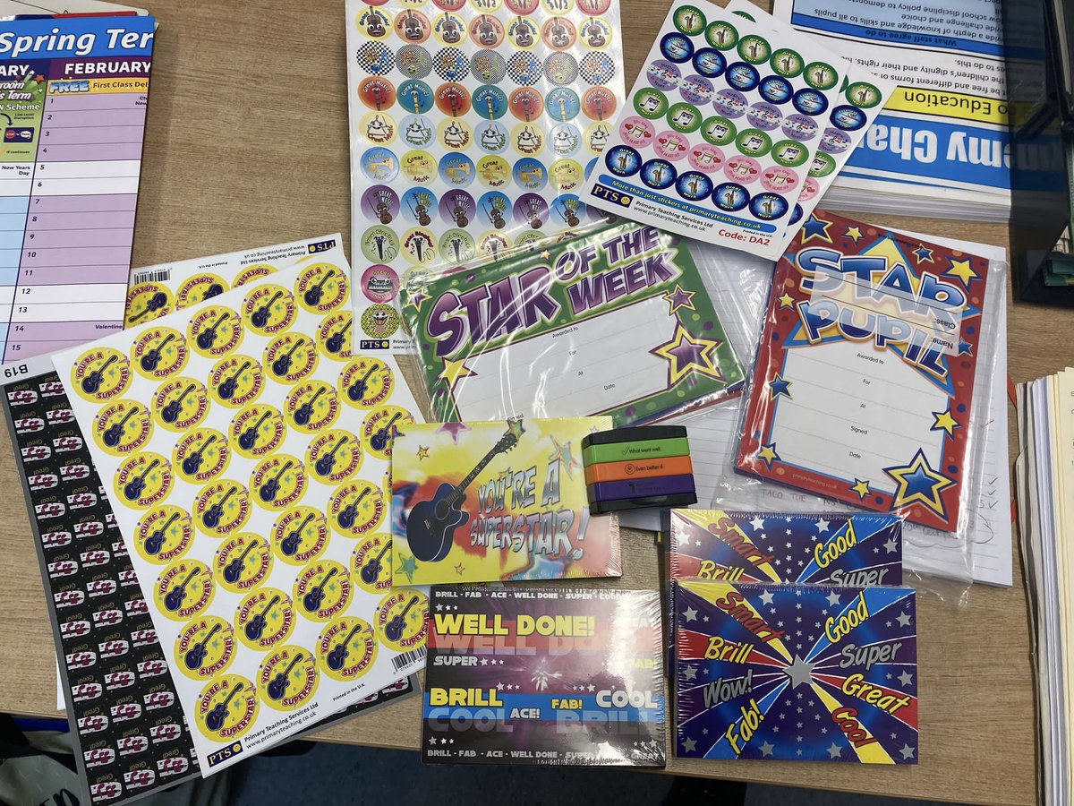 Christmas has come early to the Music Dept! Our delivery of praise postcards, stickers and stamps have arrived! 🎉 #promotingsuccess #positiveachievement #stationerylovers ❤️