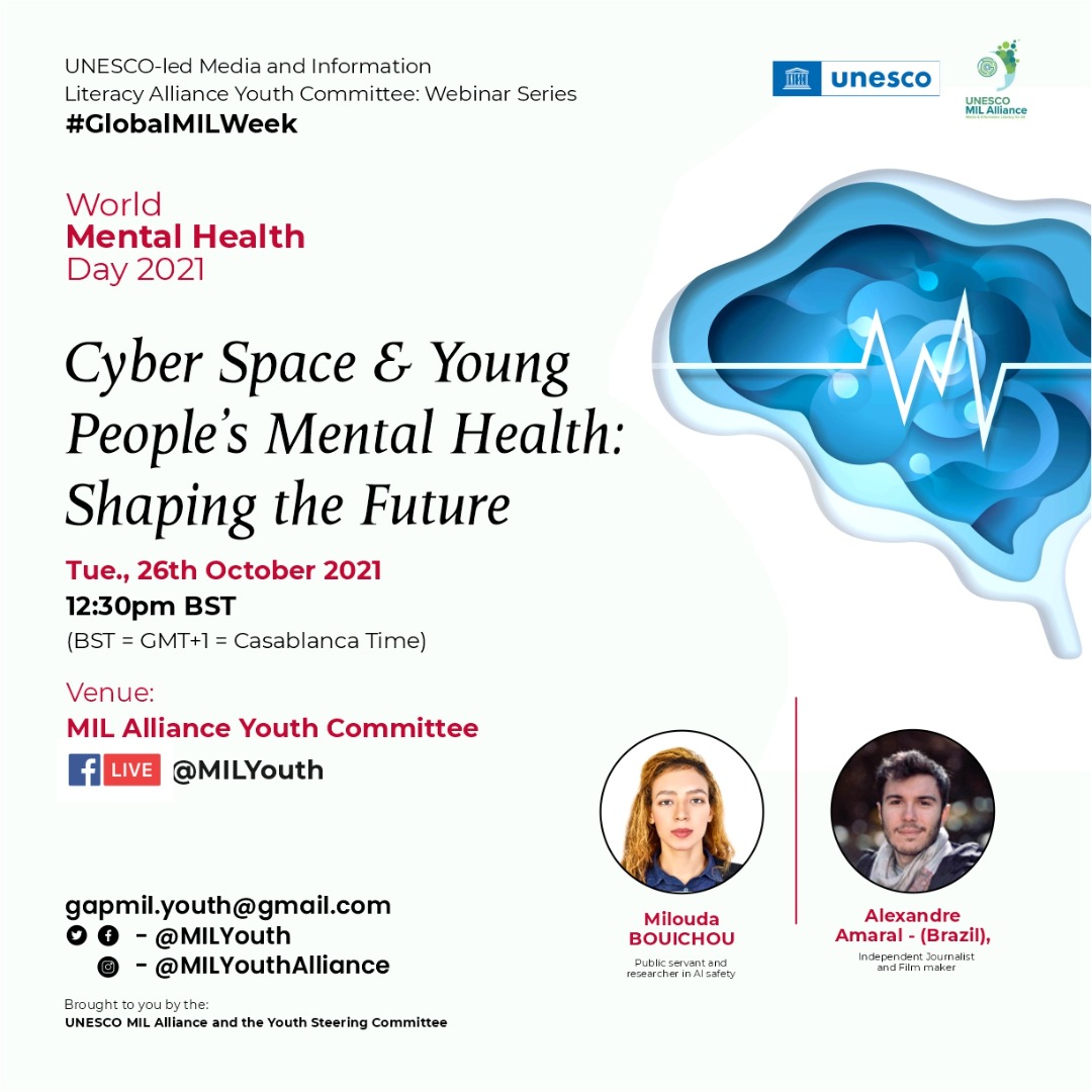 We are kickstarting the Global Media and Information Literacy Week 2021 with this session for young people on MIL and mental health with <a href="/MiloudaBouichou/">Milouda BOUICHOU (милёда)</a> <a href="/alex_b_amaral/">Alexandre Amaral</a>

Join us this Tuesday at 11:30 AM (GMT)

#MILYouth #GlobalMILWeek <a href="/MILCLICKS/">UNESCO Media & Information Literacy</a>
