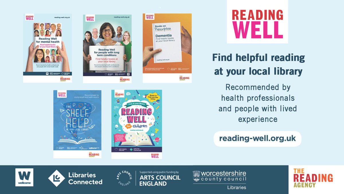 WorcsLibraries's tweet photo. There are five #ReadingWell collections available to borrow from Worcestershire libraries. Whatever your age or circumstances, the wide range of #selfhelp books can help you better manage your mental health and wellbeing.
Discover more online at:
https://t.co/Tg8zWjpwDk https://t.co/aUuqZEZR6G