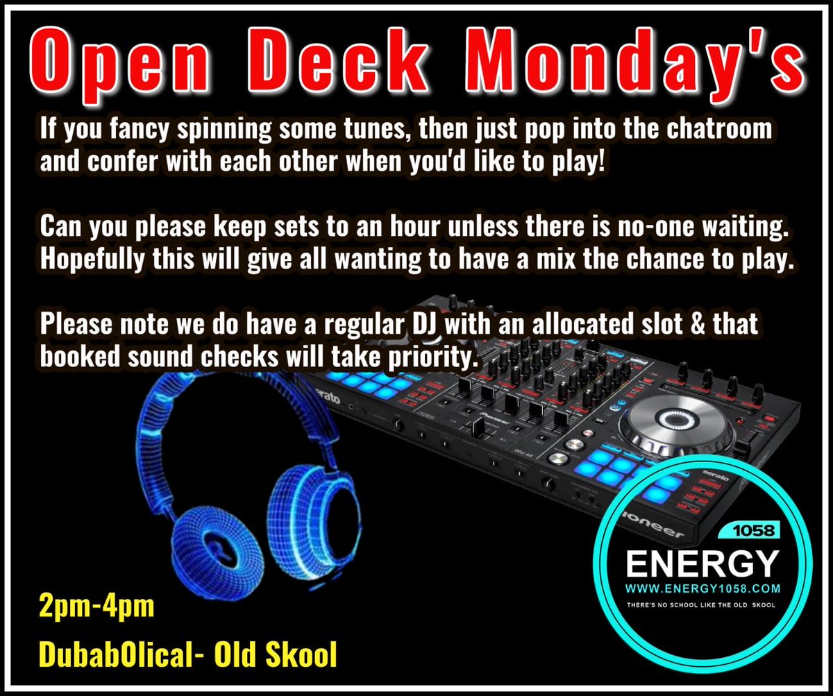 ⚠️ EZ all please drop us a DM if you’d like to have a spin with us @ #Energy1058 we’ll get you fixed up ! 🙌🏽💙
•
Listen live ► energy1058.com
or radio-uk.co.uk//energy-1058-fm
Lock in or come say hi in the chatroom energy1058.com
#opendecks