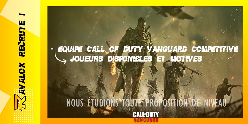 RavaloxEsport's tweet photo. 🔫VANGUARD - RECRUTEMENT🔫

Au rapport, soldat ! La #ravalox continue son recrutement sur #CODVanguard !🟠🟡

On cherche des soldats ou des escouades pour le nouveau jeu ! Motivation et disponibilité requise !💪

Go DM➡️
@Cherche_1Groupe @Cherche_FA @RT4French @ChercheUnRoster https://t.co/jCKJhngcmg