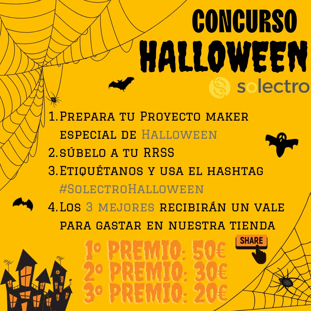 🎃Concurso #Halloween #Solectro🎃

➡️ Los 3 mejores #proyectos ganarán un vale para nuestra tienda solectroshop.com

🥇1º Premio 50€
🥈2º Premio 30€
🥉3º Premio 20€

#concursohalloween #halloween2021 #halloweenvalencia #concurso #sorteo #solectrohalloween #DIY #maker