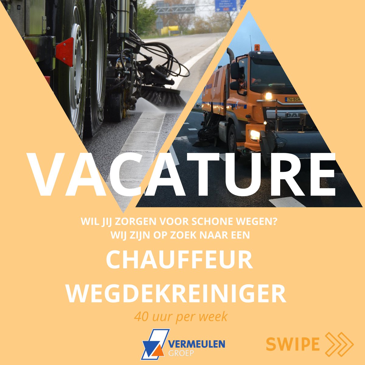 VermeulenGroep's tweet photo. Wij zijn op zoek naar een #Chauffeur voor de #Wegdekreiniger. Je bent verantwoordelijk voor het (preventief) #reinigen van vervuilde oppervlakten. Ook behoort het #onderhoud aan de machine tot je verantwoordelijkheden. 
https://t.co/rb5SZGCZiC
#vacature #werkenbij https://t.co/1EaMDUl41I