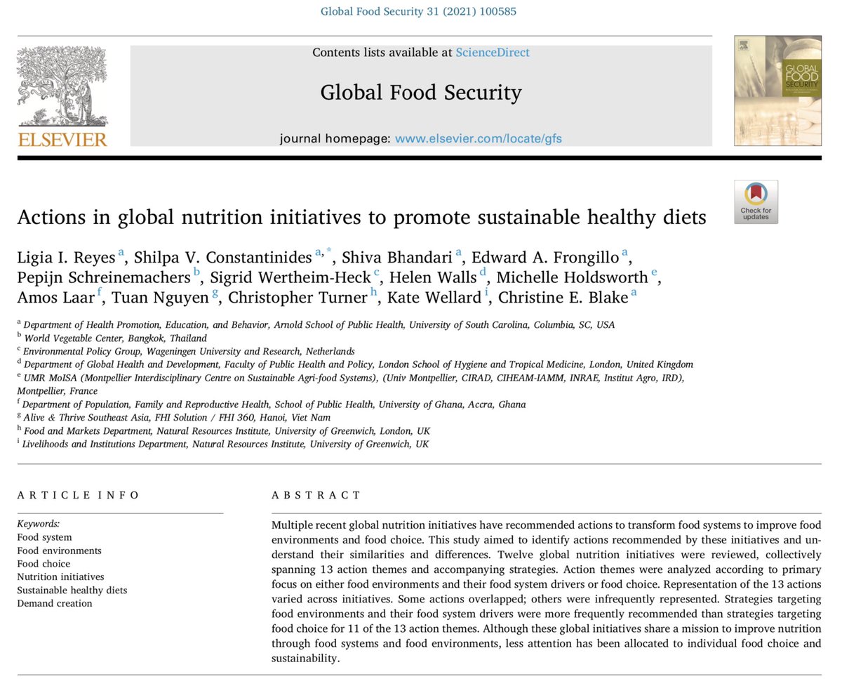 New paper 🔥 Actions in global nutrition initiatives to promote sustainable healthy diets

sciencedirect.com/science/articl…

Thanks @LReyesCA @digjam23 Ed Frongillo & @ceblakeRD for leading this | @DFC_Program 
#FoodSystems #FoodEnvironment #FoodChoice #Nutrition #SustainableHealthyDiets