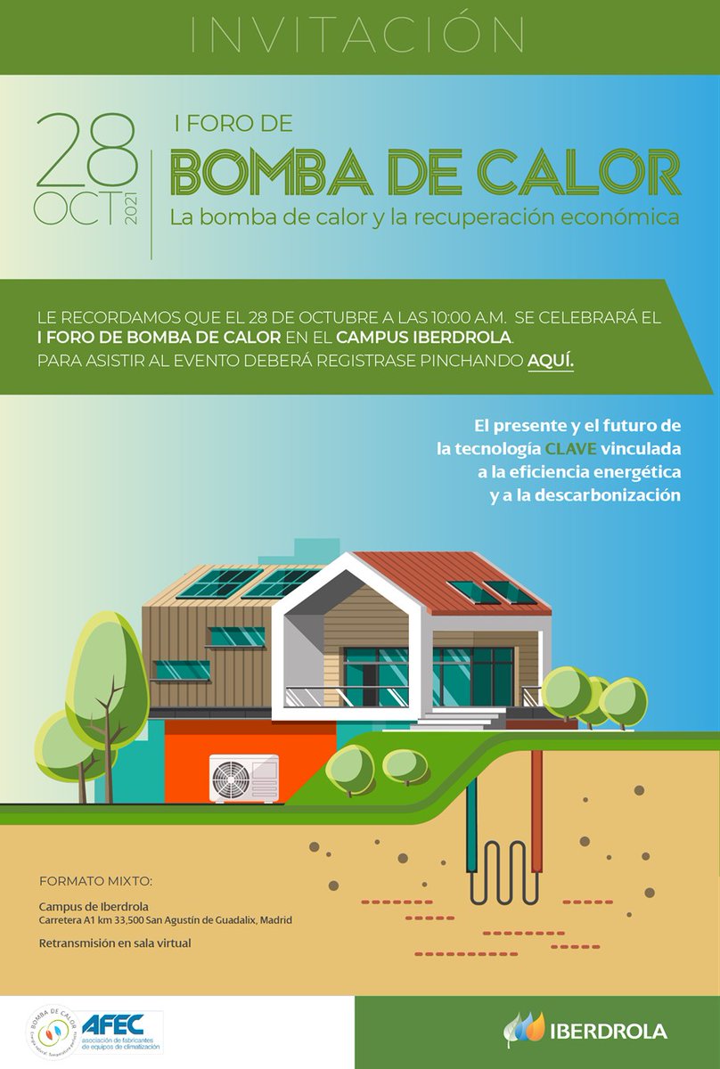 ¿Ya estas inscrito?🧐🤓🗓️

El jueves 28 de octubre junto con <a href="/IberdrolaComm/">Iberdrola Comunica</a>  realizaremos el I Foro de Bomba de Calor en formato presencial y virtual.

Te dejamos aquí el acceso para la inscripción gratuita y la agenda de la jornada  

streamstudio.world-television.com/CCUIv3/registr…
