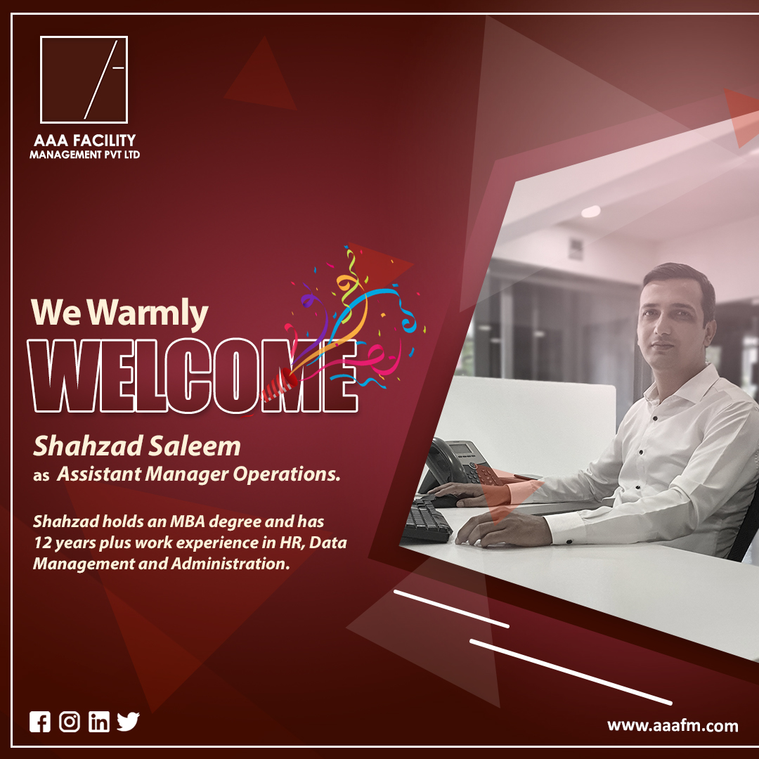 AAAFMPvtLtd's tweet photo. Letโs Welcome 'Shahzad Saleem' on board.
#AAAFM #aaafacilitymanagement #humanresources #operations #Welcome #karachi #Islamabad #lahore https://t.co/xBJwOvplvi