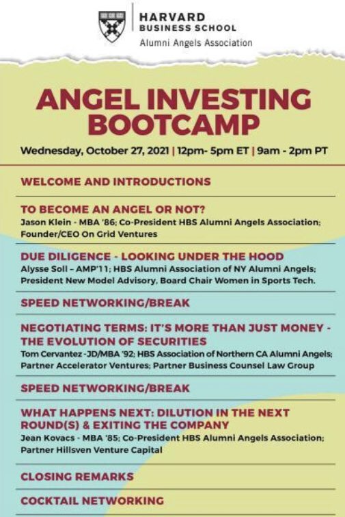 HBSAlumniAngels's tweet photo. ANGEL INVESTING BOOTCAMP

Oct 27, 2021
12pm

#angelinvesting #angelinvestors #harvardbusinessschool #venturecapital #harvard #harvardalumni #harvarduniversity #harvardbusinessreview #harvardstudent #harvardclub #angelinvestment #Entrepreneurship https://t.co/VlqCl5p17t