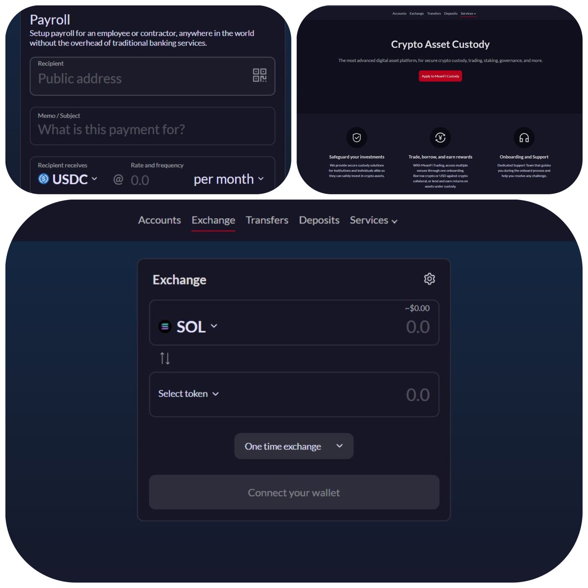 Subhcrypto's tweet photo. @meanfinance is doing an outstanding job..💎
1wallet lookup not in the pictures.
2The exchange
3The Payroll feature in which anyone can pay to anyone on a specific date-time and for particular reason.
4 Borrow crypto or USD against crypto collatteral.
#defi #mean #SOLANA #DAO ❤️ https://t.co/BcNCtgOcij