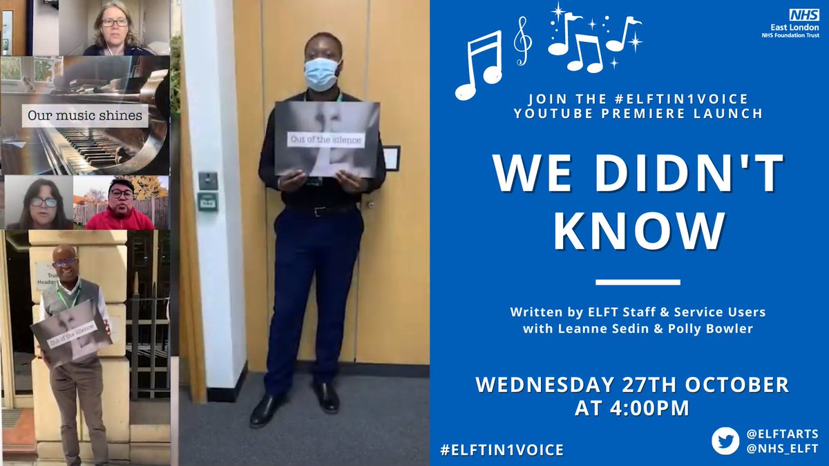 NHS_ELFT's tweet photo. Join #ELFTin1Voice at 4.00pm this Wednesday 27 October for the online premiere of the song 'We Didn't Know' + learn about the remarkable story of how the song came to be made during the height of lockdown. Full details here: 
https://t.co/78vMpcJ4az https://t.co/2Oh6zTRCTD