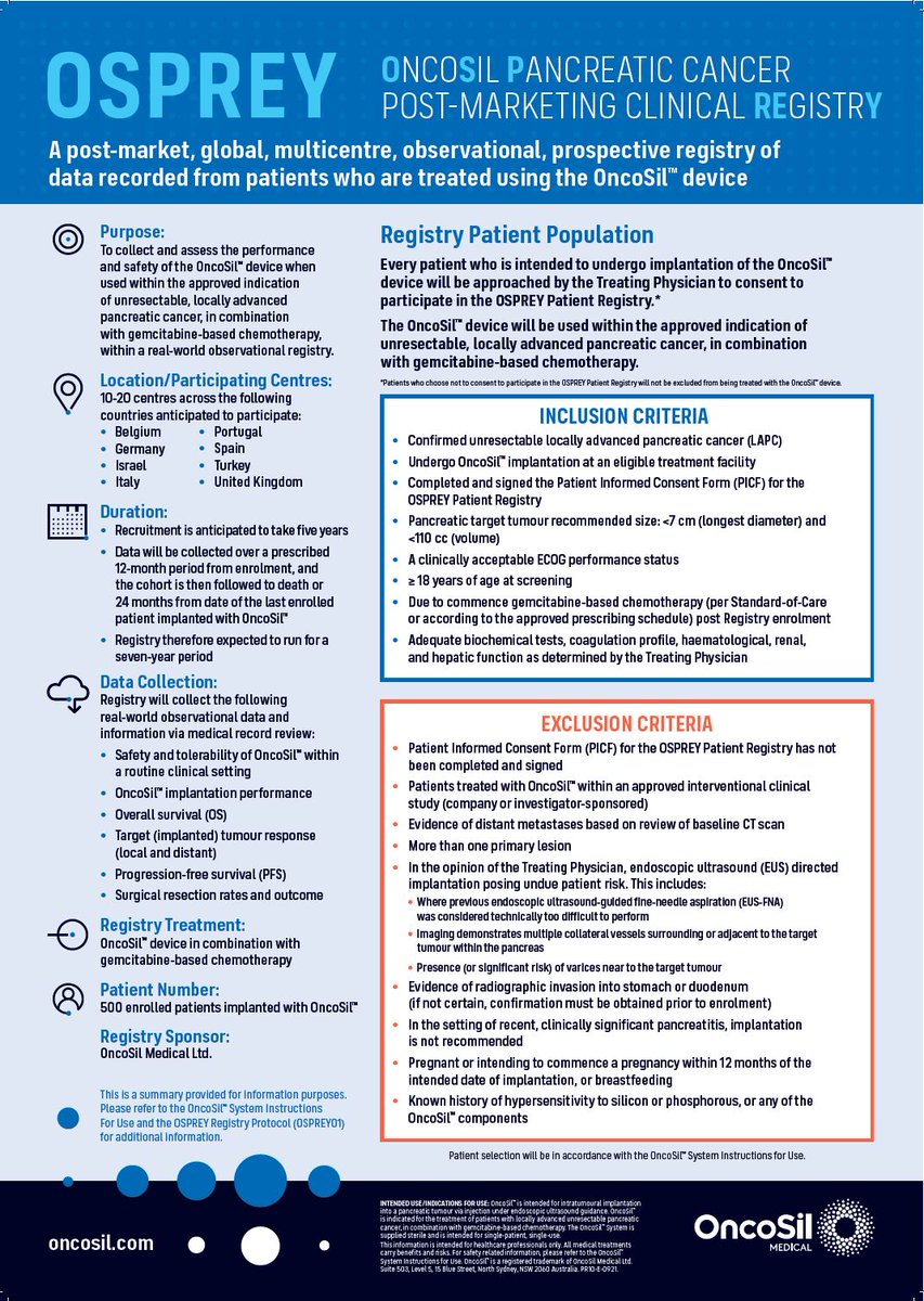 The OSPREY Patient Registry been developed to collect data and assess the performance and safety of the OncoSil™ device when used within the approved indication.  This post is for healthcare professionals only.

Learn More: link to clinicaltrials.gov/ct2/show/NCT04…