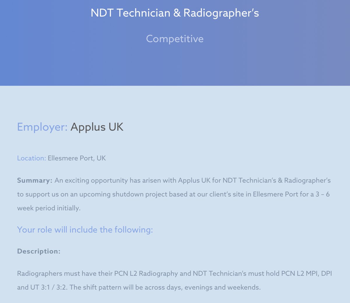 ⭐️ JOB ALERT ⭐️ 

L👀king for a new opportunity? 
Applus UK are looking for a NDT Technician &amp; Radiographer for their Ellesmere Port site.

Check out the latest jobs available over at #whichNDT where you will find more information and can apply direct 💥
⏱ closes 12/11/21
#ndt