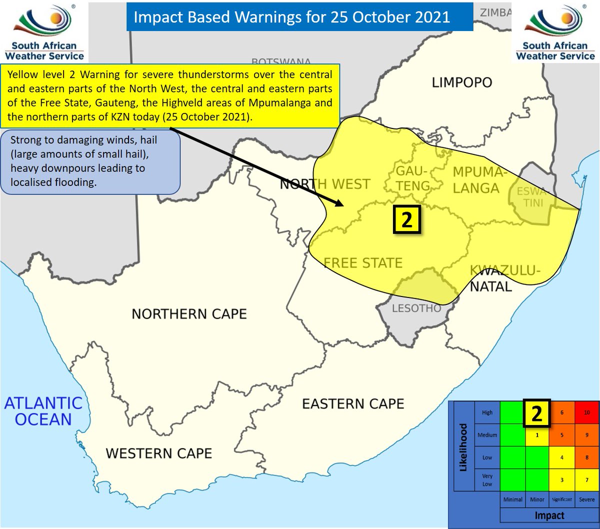 SAWeatherServic's tweet photo. ⚠️Yellow level 2 warning for severe thunderstorms expected over parts of the central and eastern interior today (25 October 2021) which may produce heavy downpours, hail and strong to damaging winds. Storms are expected to develop over NW and FS spreading east from late afternoon https://t.co/LUIl7oLdFX