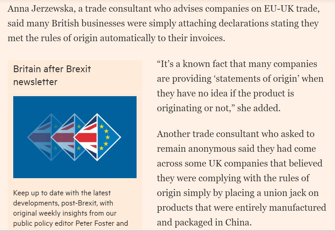 NEW: Many UK businesses exporting to EU facing nasty shock next year when 'rules of origin' declarations are fully audited - my #Brexit latest via @ft with <a href="/AndyBounds/">Andrew Bounds</a>

Inputs from <a href="/AnnaJerzewska/">Dr Anna Jerzewska</a>
<a href="/SamuelMarcLowe/">Sam Lowe</a> <a href="/MikeCherryFSB/">Mike Cherry</a> <a href="/MikeHawesSMMT/">Mike Hawes</a>

on.ft.com/3maafTF