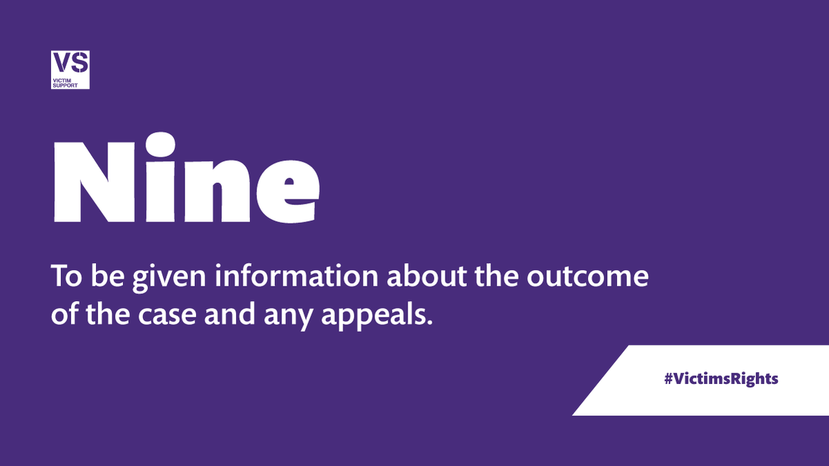 Victimcarehub's tweet image. If you have experienced crime you have 12 rights under the #VictimsCode. 

The ninth is to be given information about the outcome of the case and any appeals. 
You have the right to be informed. 
#VictimsRights