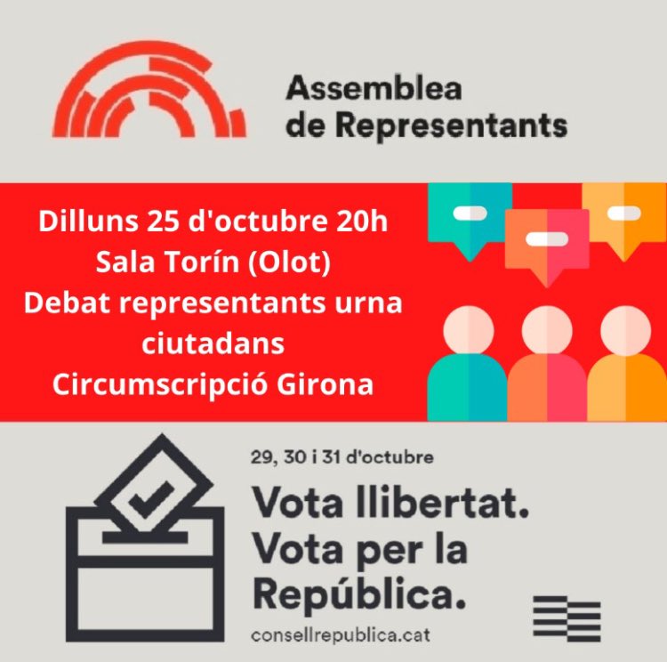 Aquesta tarda veniu a #Olot a conèixer alguns dels candiadats a l’Assemblea de Representants del <a href="/ConsellxRep/">COMPTE ANTIC Consell de la República Catalana</a> a la circumscripció de #Girona.

📍 Sala Torín (Olot)
🕗 20h

Us hi esperem!!

<a href="/CLxR_StFeliudeP/">CLdR_SantFeliuPallerols</a> 
<a href="/Fem_Consell/">Fem Consell</a>