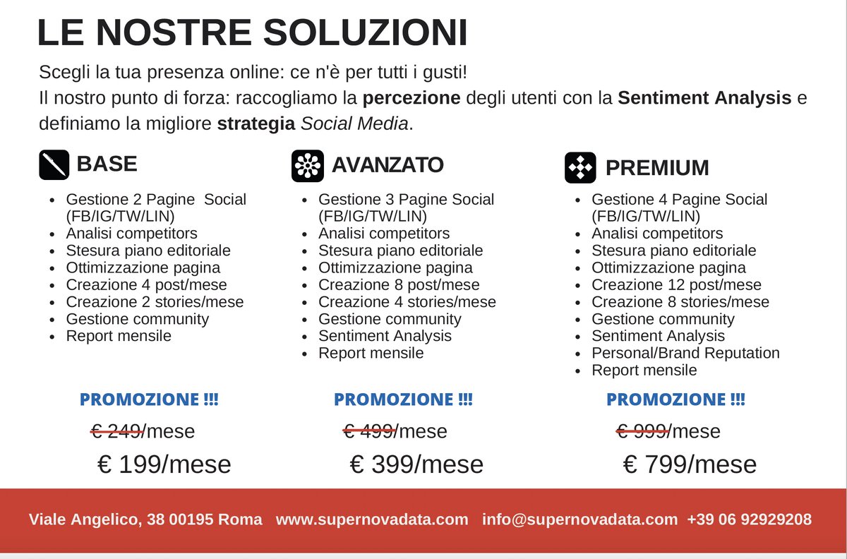 SupernovaData_'s tweet photo. LE NOSTRE SOLUZIONI

Dalla percezione degli utenti con la Sentiment Analysis definiamo la migliore strategia Social Media.

⏳ PROMOZIONE!

🎯 BASE: € 199/mese
🚀 AVANZATO: € 399/mese
💎 PREMIUM: € 799/mese

Contattaci:
☎️ +39 0692929208
🖥️ https://t.co/1dybGcC9MV
#socialmedia https://t.co/l8Cc294eF6