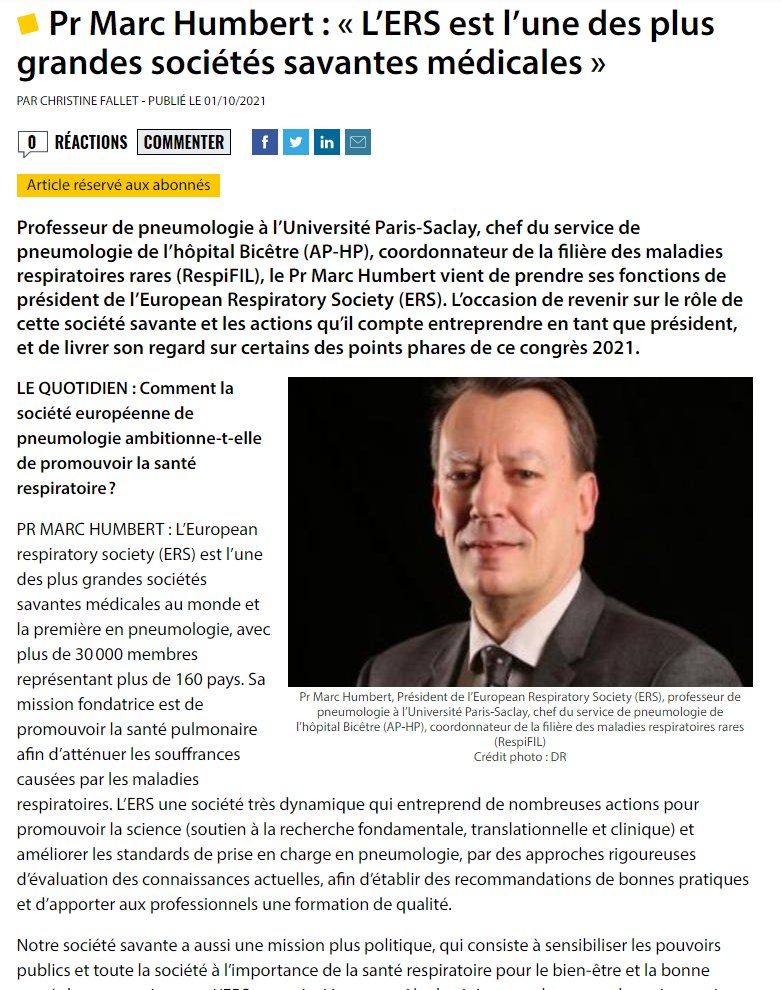FSMR - RespiFIL 🫁 (@respifil) on Twitter photo #Presse <a href="/leQdM/">Le Quotidien du Médecin</a>
Comment <a href="/EuroRespSoc/">ERS</a> ambitionne-t-elle de promouvoir la santé respiratoire ? Quels sont ses engagements ?
💬Réponses du Pr M. Humbert, Président de l'ERS , chef du service de pneumologie <a href="/Hopital_Bicetre/">Hôpital Bicêtre AP-HP</a>
coordonnateur de <a href="/RespiFIL/">FSMR - RespiFIL 🫁</a>
👉bit.ly/3ntfgGi #Presse <a href="/leQdM/">Le Quotidien du Médecin</a>
Comment <a href="/EuroRespSoc/">ERS</a> ambitionne-t-elle de promouvoir la santé respiratoire ? Quels sont ses engagements ?
💬Réponses du Pr M. Humbert, Président de l'ERS , chef du service de pneumologie <a href="/Hopital_Bicetre/">Hôpital Bicêtre AP-HP</a>
coordonnateur de <a href="/RespiFIL/">FSMR - RespiFIL 🫁</a>
👉bit.ly/3ntfgGi