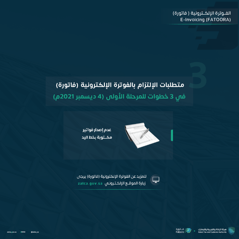 Zatca_sa's tweet photo. خطوات أساسية يجب على المنشأة الالتزام بها لتكون متوافقة مع متطلبات المرحلة الأولى لـ #فاتورة والتي ستدخل حيّز التنفيذ 4 ديسمبر 2021م.
#الفوترة_الإلكترونية
