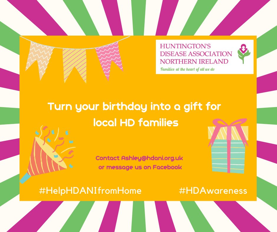 AwarenessHdani's tweet photo. Why not turn your next birthday into a fundraiser for Huntington’s Disease Association Northern Ireland. Its very simple, just call Ashley on 07810330949

#HappyBirthday #BirthdayFundraiser #FundraisingFriday https://t.co/fAKeO9a3Xx
