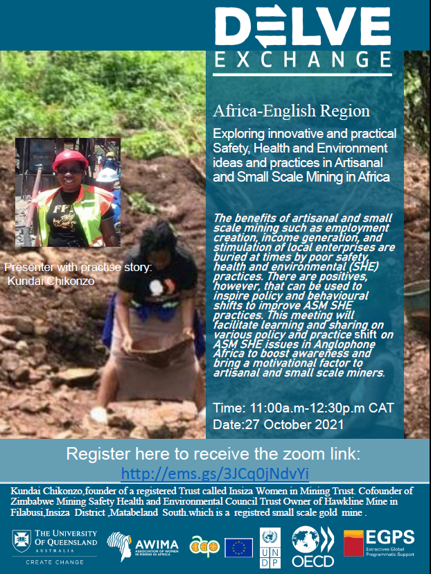 Register with Delve Exchange to participate in a conversation on Oct 27th on innovative and practical Safety, Health and Environment ideas and practices in ASM in Africa

ems.gs/3JCq0jNdvYi #artisanalmining #ASM #safetyhealthenvironment #womeninmining