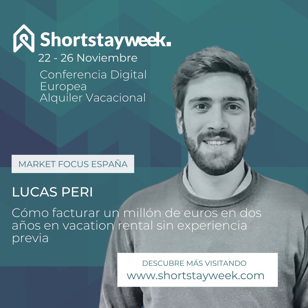 Aquí os presentamos la el título de la sesión de Lucas Peri, que no nos deja indiferentes: "Cómo facturar un millón de euros en dos años en vacation rental sin experiencia previa"

Registraros gratuitamente visitando la página shortstayweek.com

#vacationrental #bookdirect