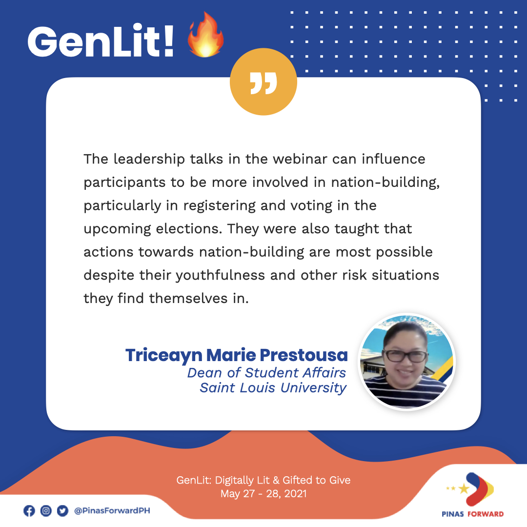 PinasForwardPH's tweet photo. Salamat Ma'am! Saint Louis University is #GenLIT! 🔥
Ang GenLIT ay isang enlightening and engaging voter education program ng #PinasForward na naglalayong magbigay kamalayan tungkol sa #FilipinoBrandOfLeadership, youth vote, at digital citizenship sa pamamagitan ng mga webinars. https://t.co/qcXciLtMdy