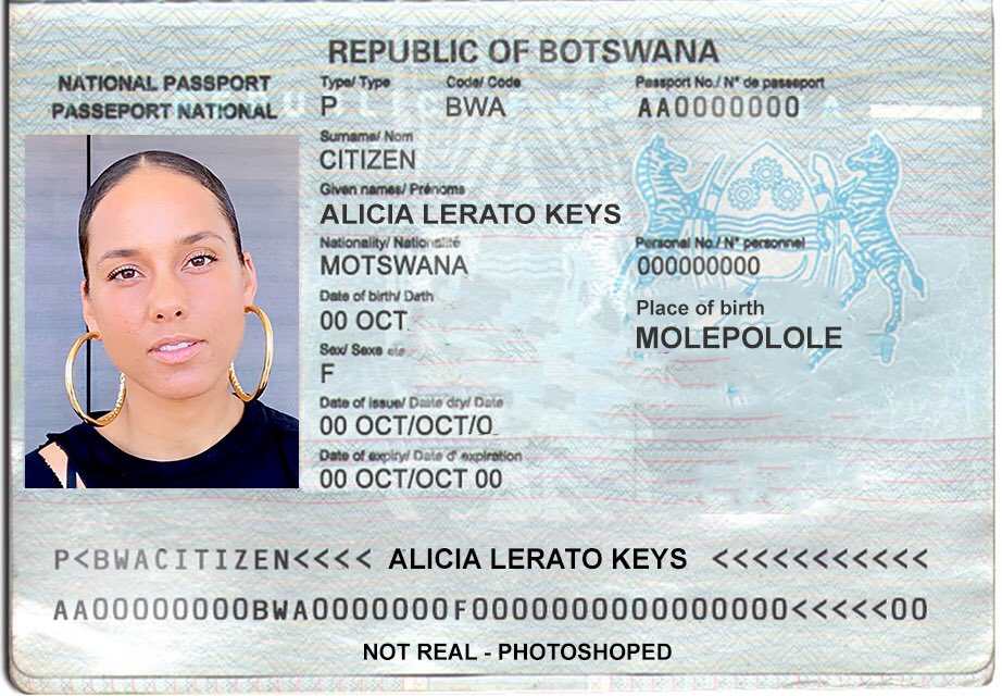 kennydreamer's tweet image. This is what I imagine Alicia Keys Fake Botswana passport looks like. Don't get me into trouble this is photoshopped.