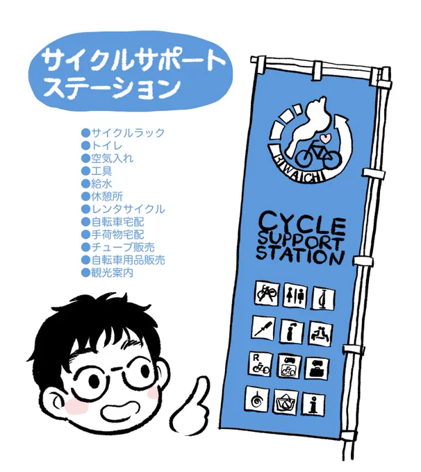 描かせて頂いたリーフレットは滋賀県内のスポーツサイクル取扱店やサイクルサポートステーションなどで手に入りやすいそうです!
マップを見るとビックリするくらい沢山サポートステーションがあります。心強い…!

サイクルサポートステーション情報
https://t.co/IuJPvKqlCa 