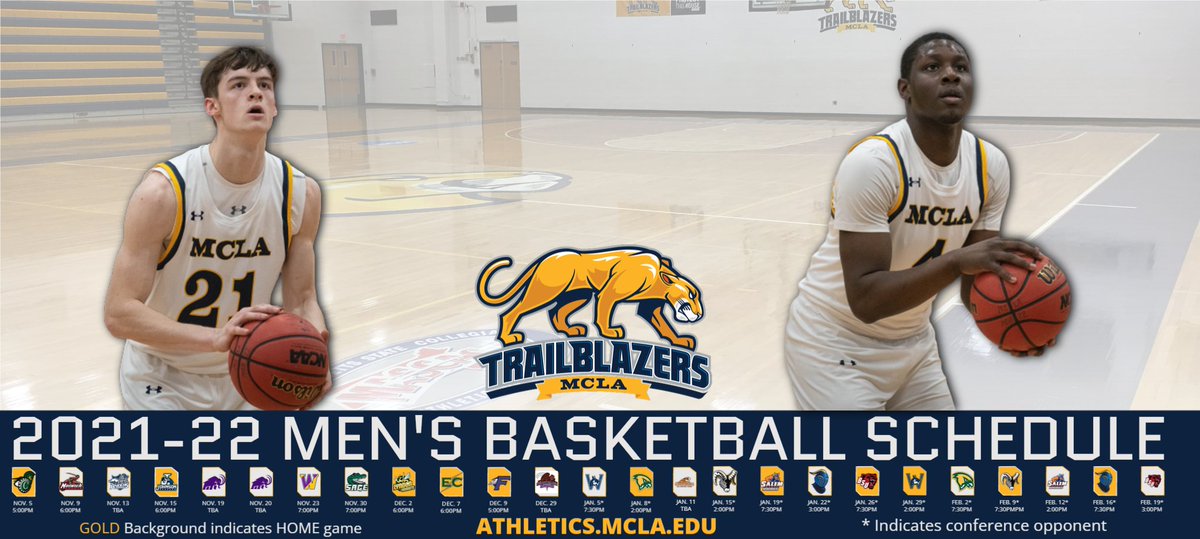 MCLAAthletics's tweet photo. 2021-22 Men's Basketball Schedule is released!  Can't wait to see the Trailblazers back playing!  Mark your calendars!  @Trailblazer_MBB Season Opener Nov. 5th at HOME!  #trailblazerpride https://t.co/DhfTyQACY6