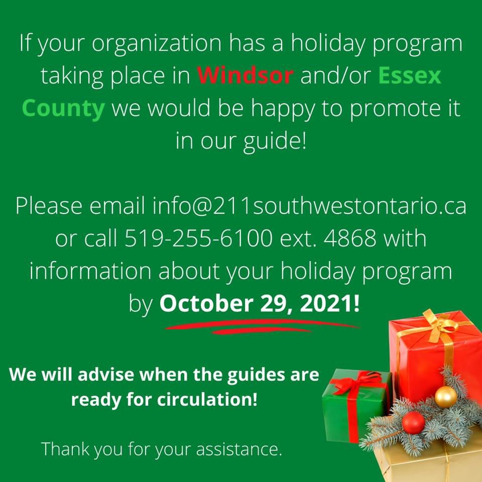 211_SouthWest's tweet image. If you know of a holiday program taking place in Windsor-Essex let us know by emailing info@211southwestontario.ca! 

#communitysupport #holidayprograms #holidaymeals #toydonation #holidaysharingguide #HSG