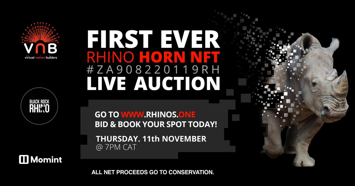 The Digital Age will Save the Rhino. Be a part of the SOLUTION and join our First Ever Rhino Horn NFT Auction. 

Bid or Book your spot today at zcu.io/SBcP 

#savetherhino #firstrhinohornnft #rhinohorn #conservation #nft #conservationnft #momint #rhinosone