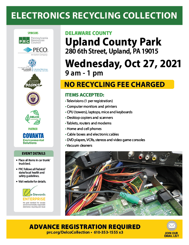 PRC_Litterbug's tweet photo. Here's everything you need to know about PRC's #electronics #recycling collection Wed, Oct 27, at #UplandCountyPark in #DelawareCounty. Details and registration link: https://t.co/jOZkcNbvsr. Sponsors include @PECOconnect @DelcoFdn #DelawareCountyParks and partner @Covanta. https://t.co/crZax8lzjp