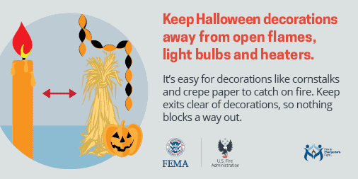 MyrtleBeachFire's tweet photo. With Halloween just around the corner, we want to make sure that your ghouls and goblins stay safe this year. When decorating around the house be careful while hanging decorations, and keep open flames away from anything that could burn! #happyhalloween #fallintosafety #mbfd https://t.co/H9loFbgBNT
