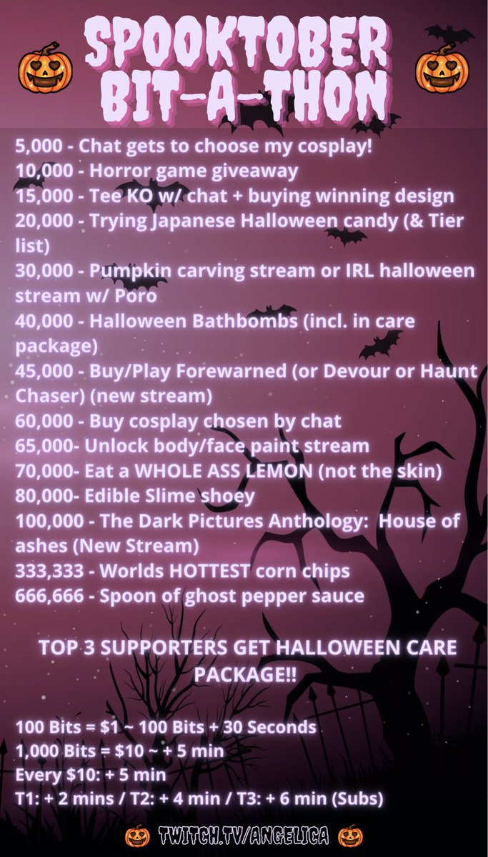 Tomorrow - Tuesday 26th October @ 6pm AEDT/ 12am PDT I will be doing my FIRST ever BIT-A-THON to celebrate Spooktober!! 🎃 

I'm really nervous and excited and put a lot of effort into this, So I really hope everyone has a wonderful time 💕

Twitch.tv/Angelica 👻