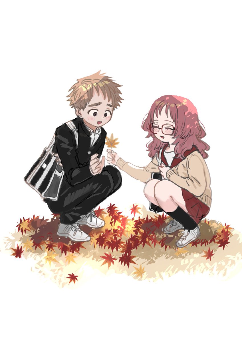 1girl 1boy school uniform squatting glasses gakuran brown hair  illustration images