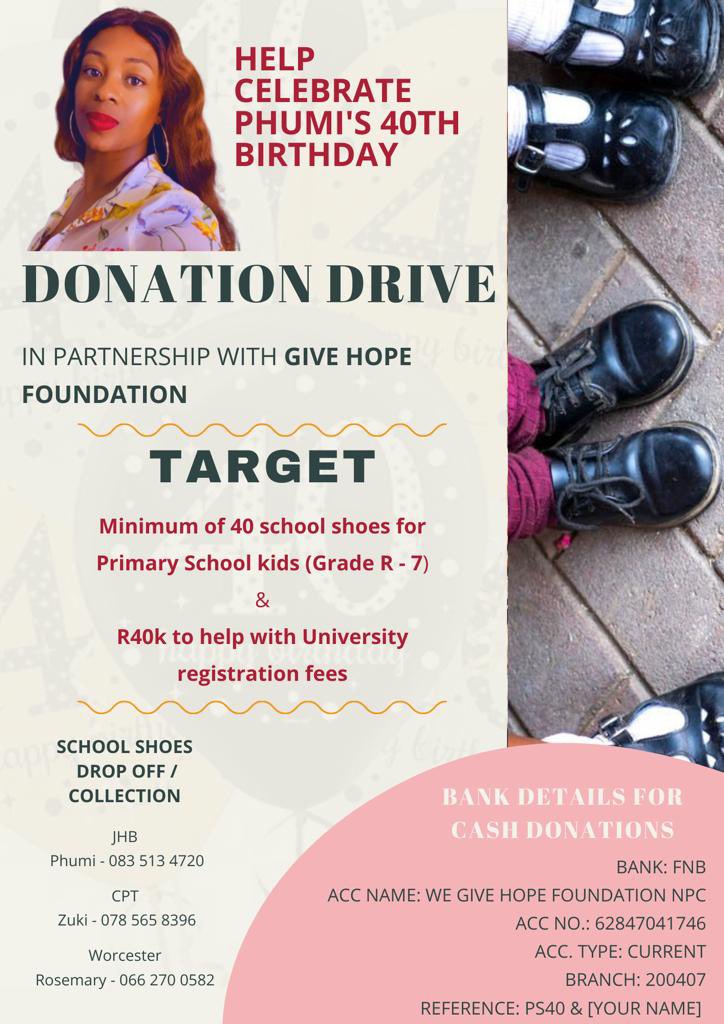 Phumie_S's tweet photo. This drive is about restoring dignity and meeting one of the most basic needs, a pair of shoes in a child’s feet. Please support it by donating a pair of school shoes or cash.  #PS40 #GiveHope #17Feb22 #MakeMyWishComeThru #WalkAChild2School #SchoolShoeDrive #ChangeTheirFuture https://t.co/bnFn5zOpKr