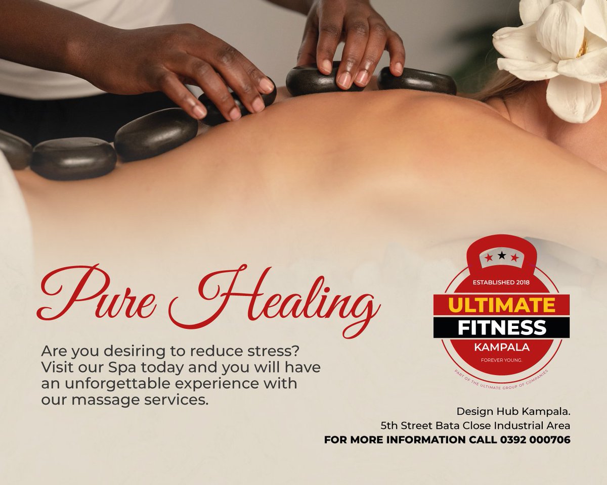 UFKampala's tweet photo. Are you having stiff muscles and uncomfortable pains? 
Reach out to us on 0392000706 to book a Hot Stone Massage- heated up stones with essential oils for muscle relaxation and deep tissue release. 
We guarantee the Ultimate feeling afterwards. 🤗
.
#UltimateFitness https://t.co/WrrhKTRcDj